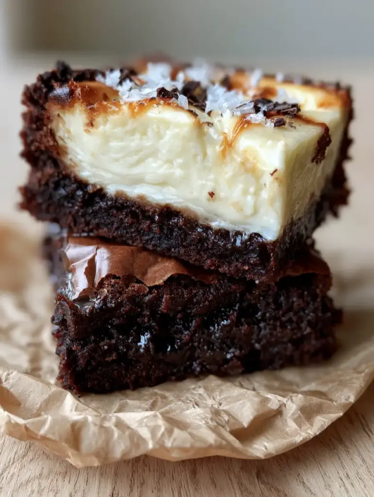 Cheesecake Brownies: The Ultimate Fudgy Dark Chocolate Marble Bars 1 A stack of cheesecake brownies on a warm wooden background with soft natural lighting.