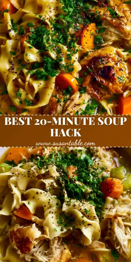 Chicken Noodle Soup with Rotisserie Chicken and Amber Broth 4 A top-down view of a bowl of chicken noodle soup with thick egg noodles, shredded chicken, and amber broth.