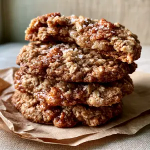 Close up of Oatmeal Cinnamon Chip Cookies showing textured rolled oats and golden-brown edges.