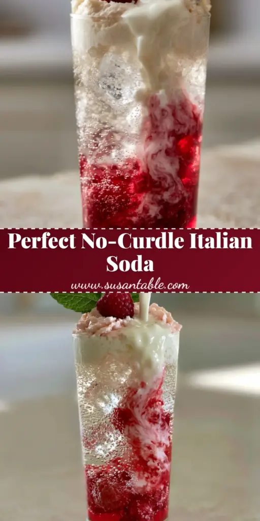 Italian Cream Soda: The Ultimate Refreshing Raspberry Mocktail 3 A tall glass of raspberry italian cream soda with swirling cream layers, whipped cream, and a fresh raspberry garnish on a stone countertop.