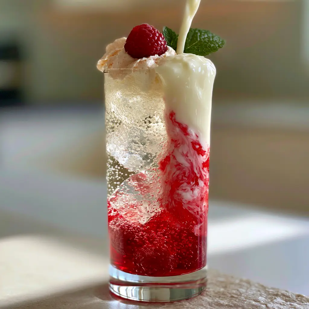 Italian Cream Soda: The Ultimate Refreshing Raspberry Mocktail 2 Close up of the swirling marble effect as half-and-half is poured into a raspberry italian cream soda.