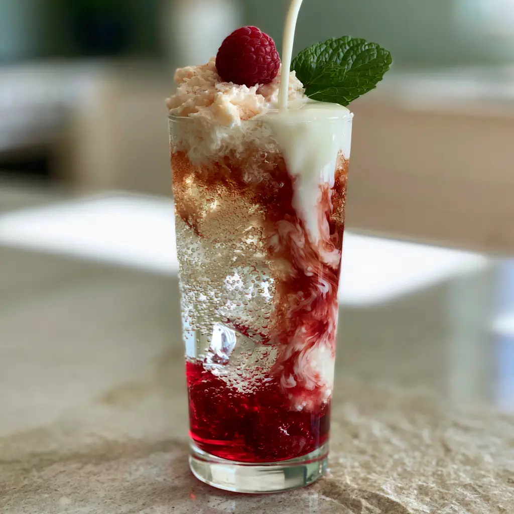 Italian Cream Soda: The Ultimate Refreshing Raspberry Mocktail 1 Top view of an italian cream soda garnished with whipped cream, a fresh raspberry, and a mint leaf.