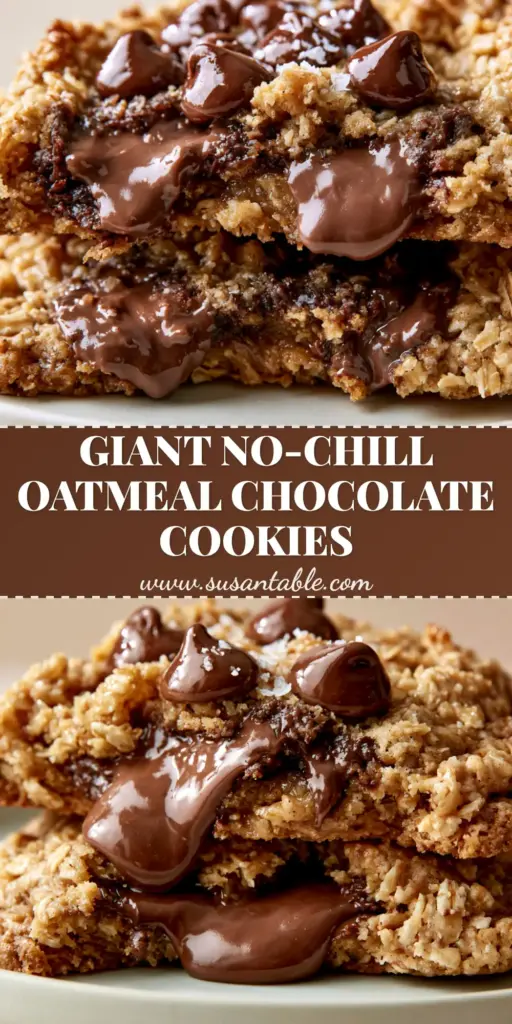 Crumbl Oatmeal Chocolate Chip Cookies: The Ultimate Soft-Batch Copycat 4 A giant, thick Crumbl Oatmeal Chocolate Chip Cookie broken in half to show the gooey milk chocolate center and rolled oats.