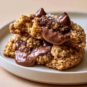 Extreme close-up of thick baked oatmeal cookie dough with glistening milk chocolate chips and sea salt. (Crumbl Oatmeal Chocolate Chip Cookies)