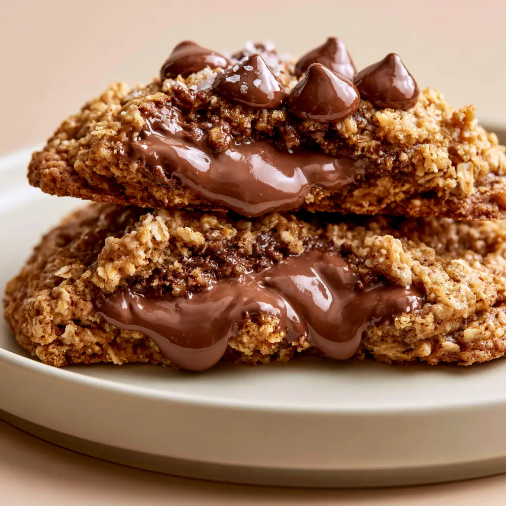Crumbl Oatmeal Chocolate Chip Cookies: The Ultimate Soft-Batch Copycat 1 A stack of giant oatmeal chocolate chip cookies on a ceramic plate, showing the rustic golden-brown exterior.