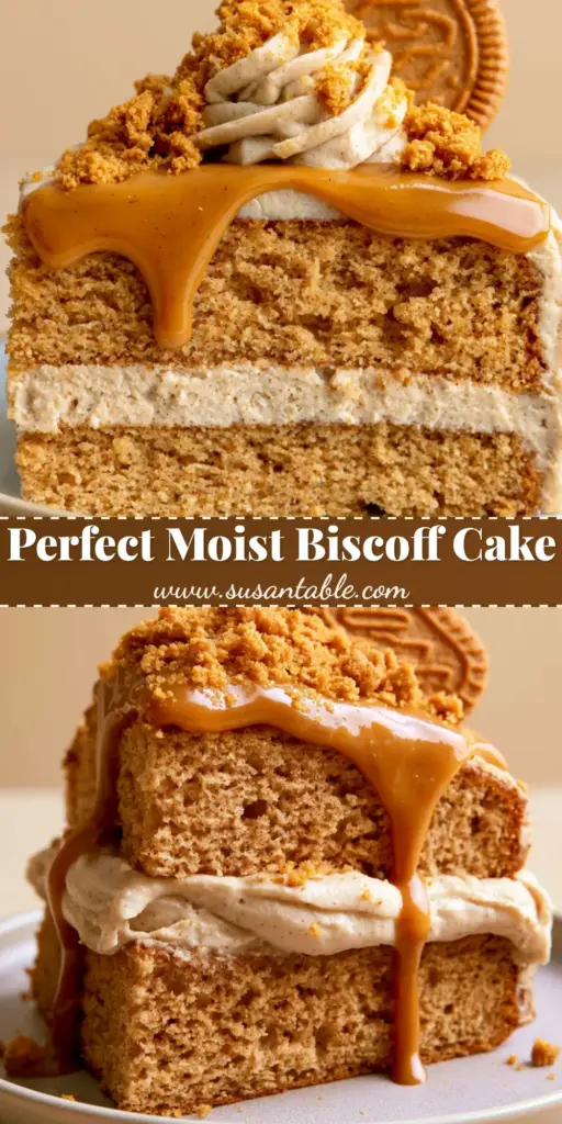 A tall multi-layered Biscoff cake featuring a glossy melted cookie butter drip and topped with a whole Biscoff biscuit and crushed crumbs.